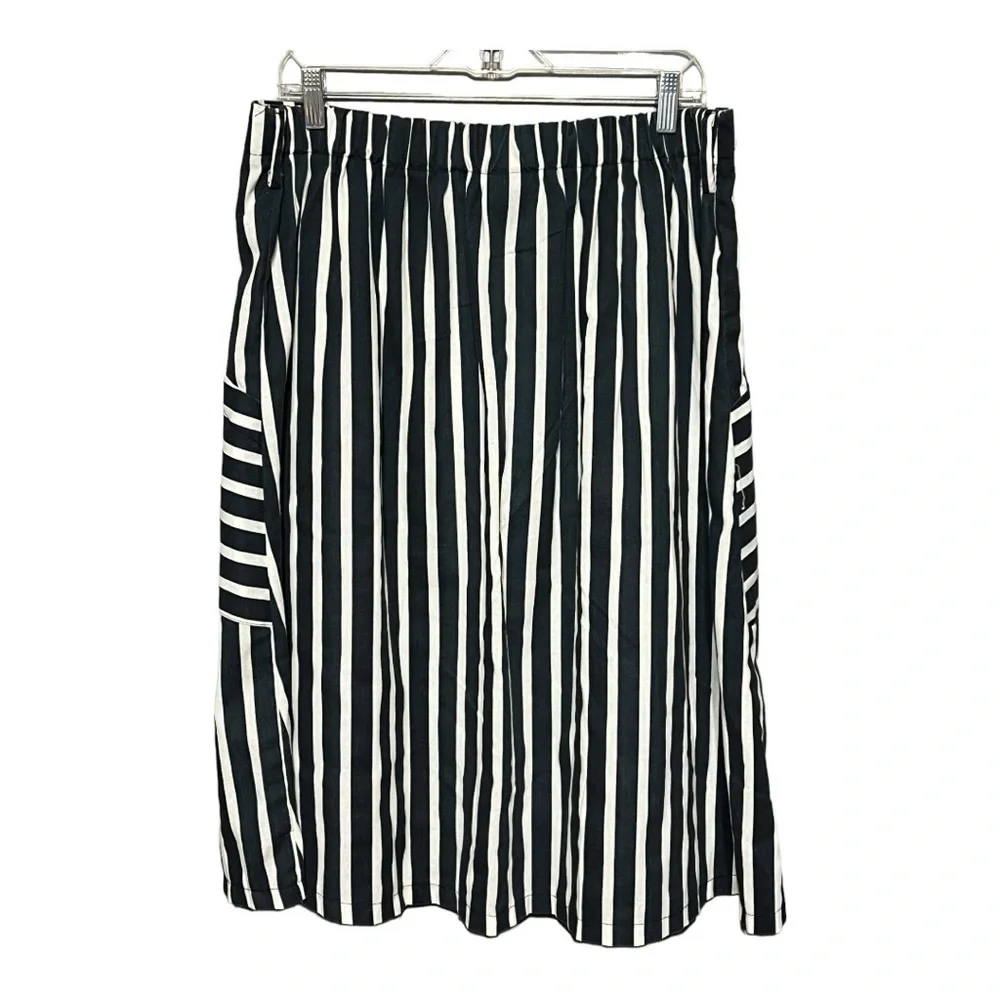 MetroWear Navy White Striped Linen Rayon Button Front Belted Midi Skirt XL